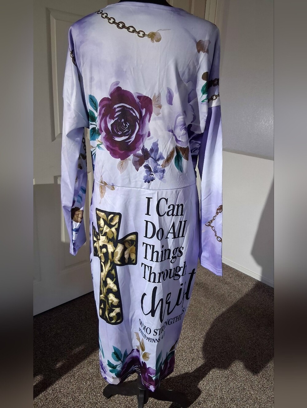 New-Floral Scripture Lavender Wrap-Style Midi Stretch Dress - Picture 6 of 11